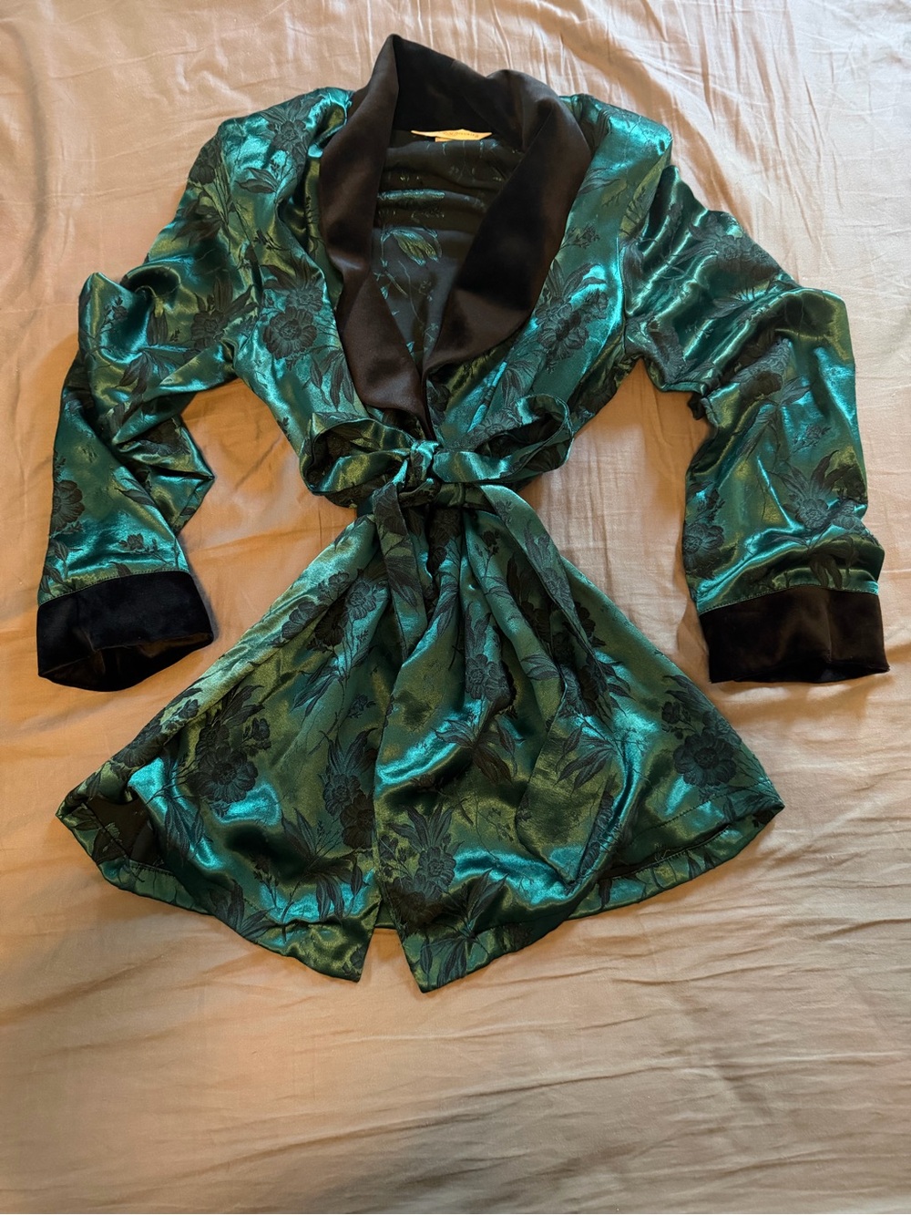 Dark academia, luxurious deep green and black floral robe
